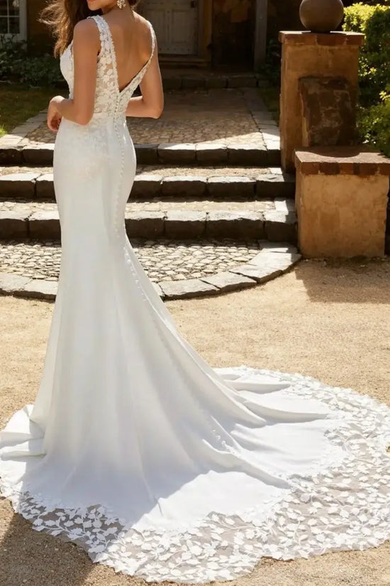 V-Neck Backless Appliques Mermaid Beach Wedding Dress