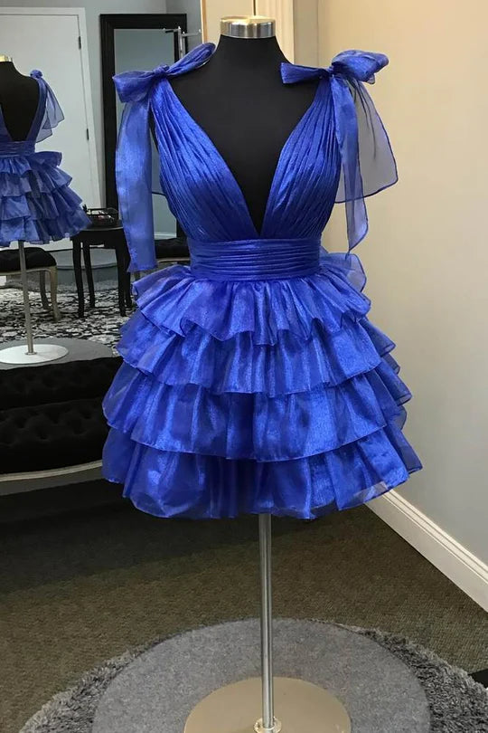 V-Neck Bow Straps Tulle A-Line Tiered Homecoming Dress