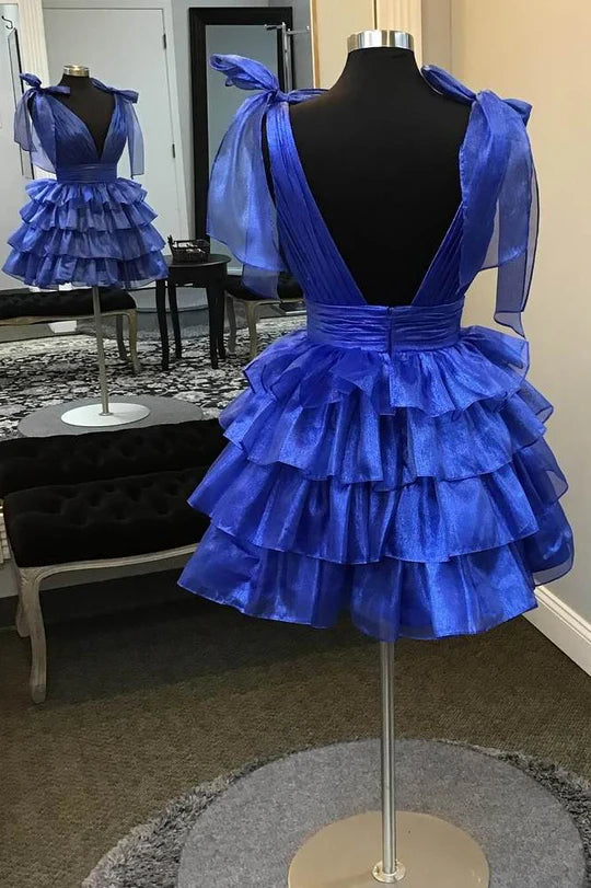 V-Neck Bow Straps Tulle A-Line Tiered Homecoming Dress