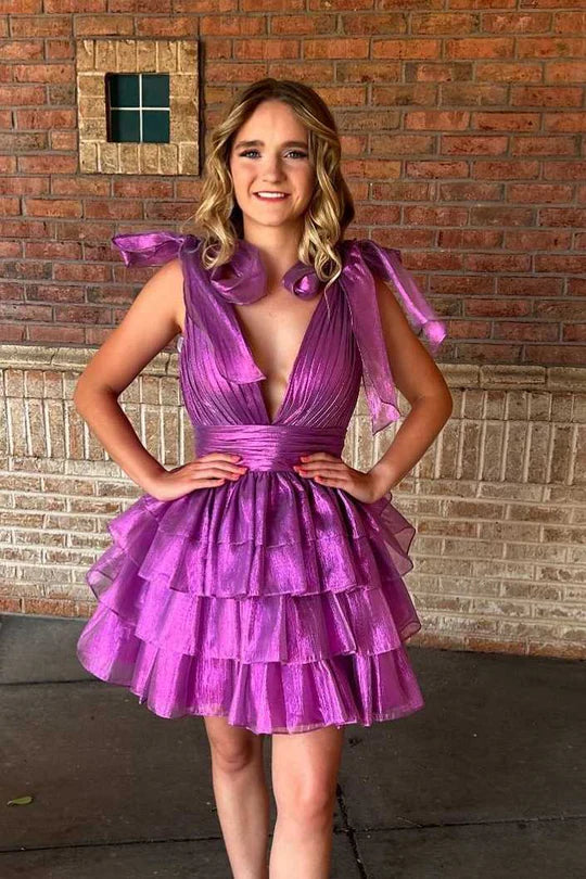 V-Neck Bow Straps Tulle A-Line Tiered Homecoming Dress
