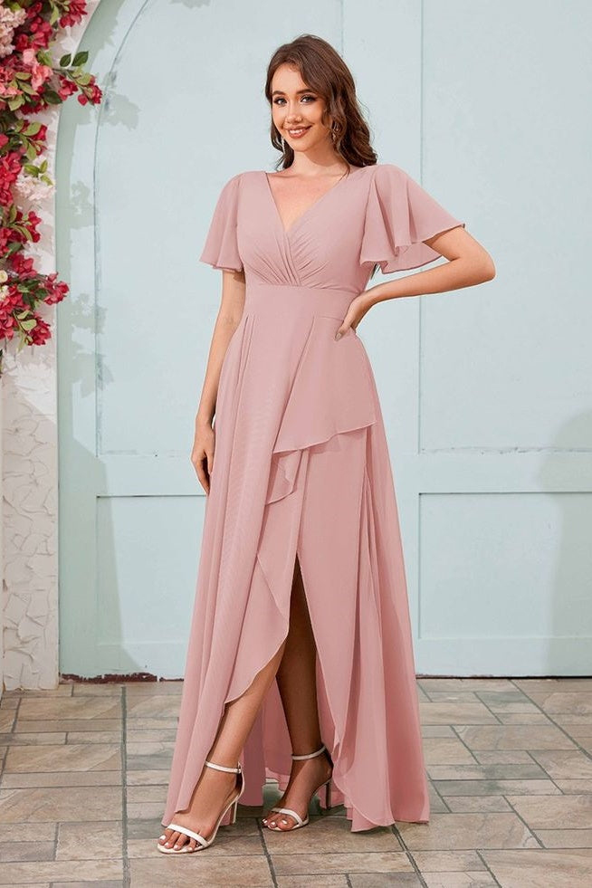 V-Neck Chiffon A-Line Short Sleeves Empire Bridesmaid Dress