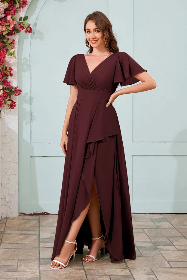 V-Neck Chiffon A-Line Short Sleeves Empire Bridesmaid Dress