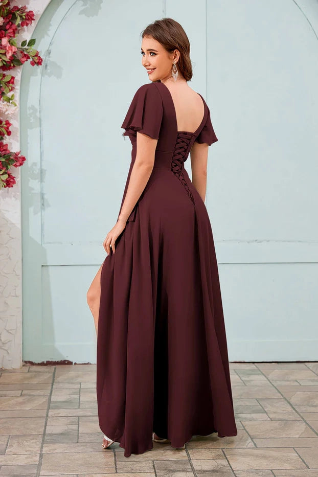 V-Neck Chiffon A-Line Short Sleeves Empire Bridesmaid Dress