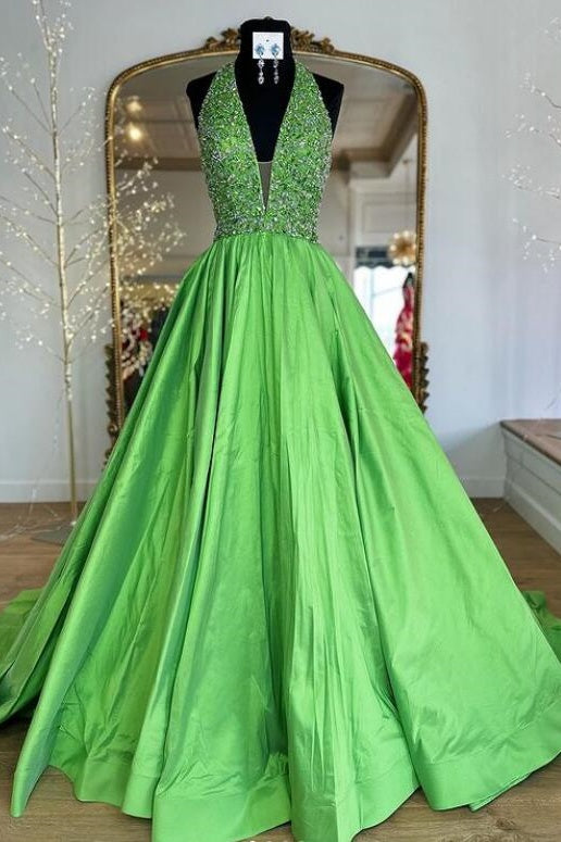 V-Neck Halter Beaded A-Line Party Prom Dress