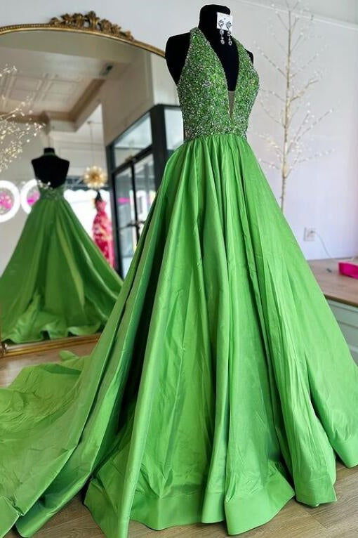 V-Neck Halter Beaded A-Line Party Prom Dress