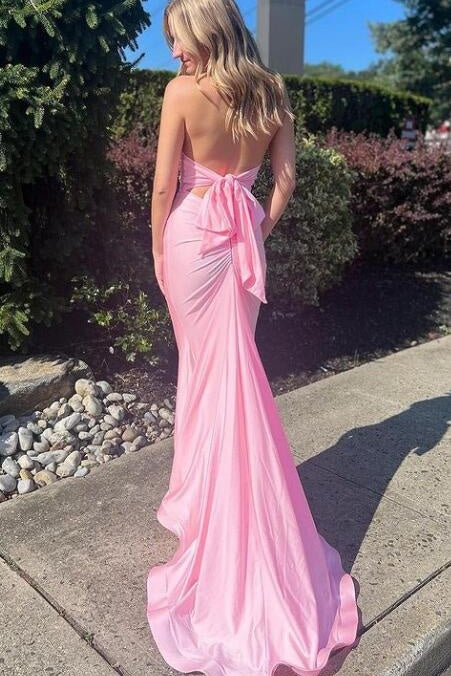 V-Neck Halter Open Back With Train Satin Trumpet Prom Dress