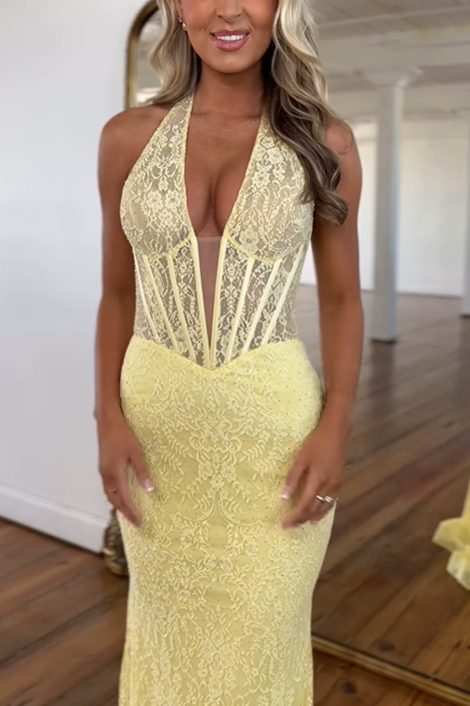 V-Neck Halter Sheer Empire Lace Formal Prom Dress