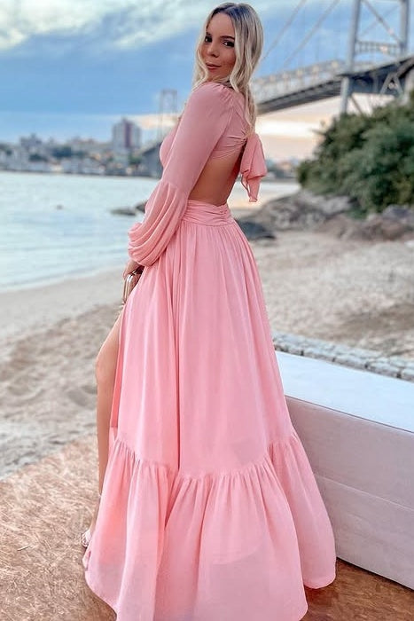 V-Neck Long Sleeves A-Line Party Prom Dress With Slit