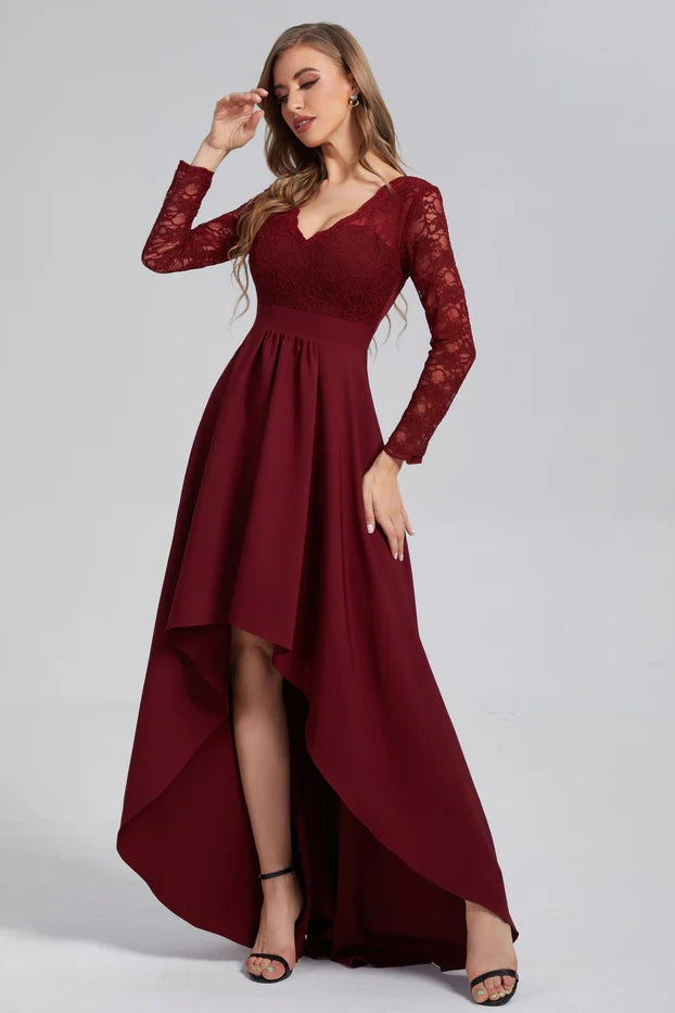 V-Neck Long Sleeves High Low Burgundy Party Dress