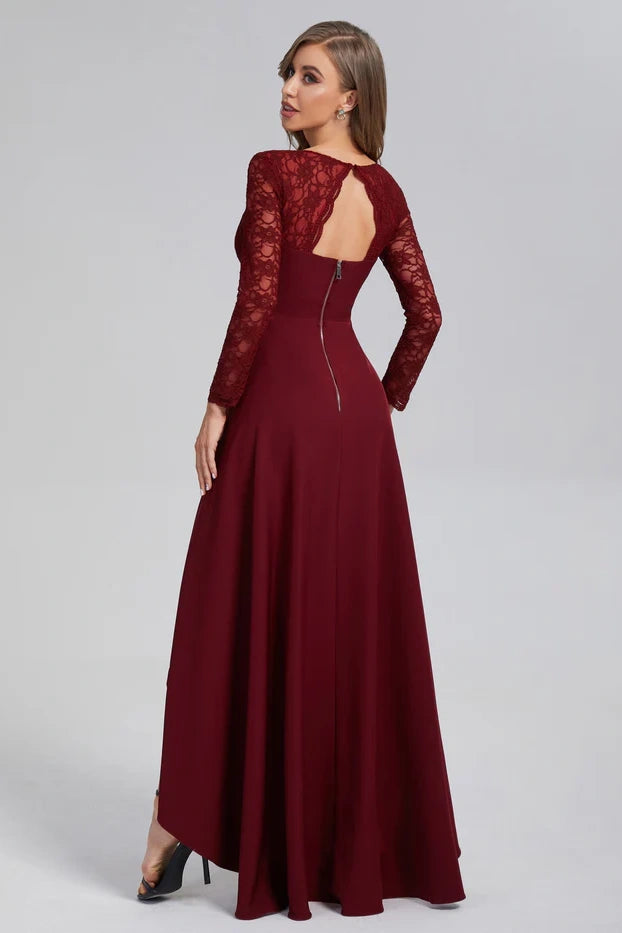 V-Neck Long Sleeves High Low Burgundy Party Dress