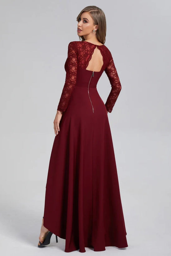 V-Neck Long Sleeves High Low Burgundy Party Dress