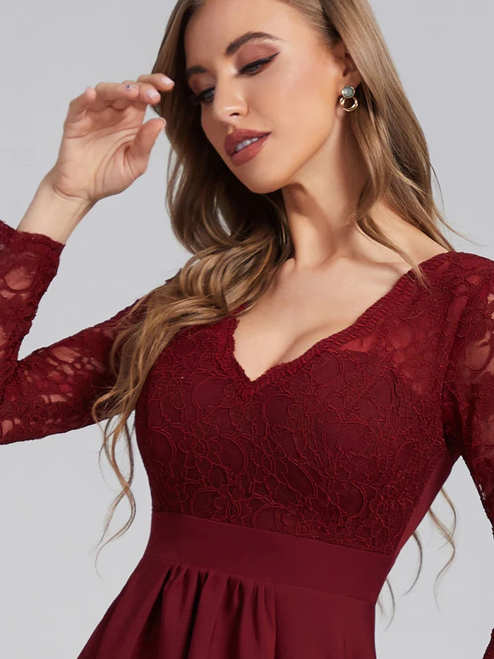 V-Neck Long Sleeves High Low Burgundy Party Dress