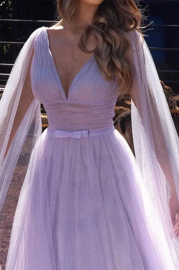 V-Neck Long Sleeves Tulle A-Line Prom Dress