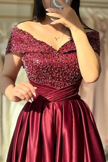 V-Neck Off-Shoulder Satin A-Line Beaded Formal Prom Dress