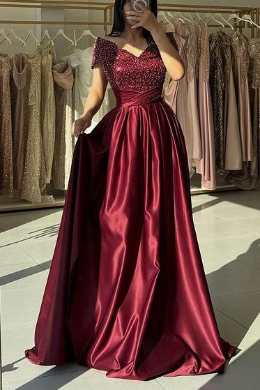 V-Neck Off-Shoulder Satin A-Line Beaded Formal Prom Dress