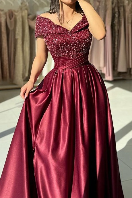 V-Neck Off-Shoulder Satin A-Line Beaded Formal Prom Dress