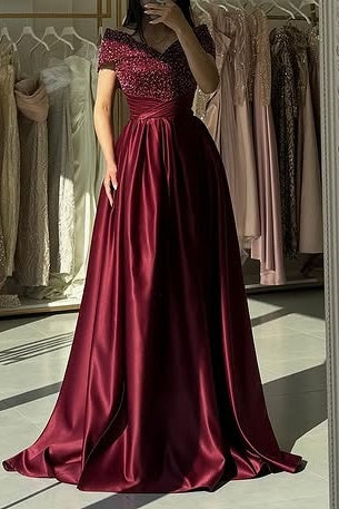 V-Neck Off-Shoulder Satin A-Line Beaded Formal Prom Dress