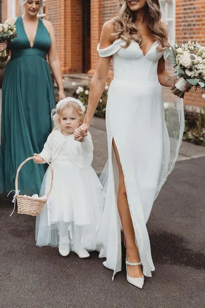 V-Neck Off-Shoulder Satin Fitted Wedding Dress With Side Slit