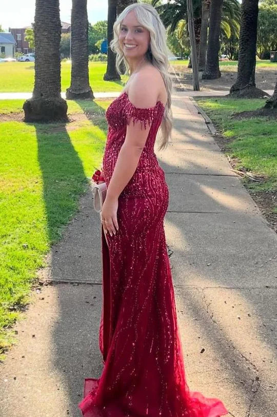 V-Neck Off-Shoulder Sequins Appliques Mermaid Prom Dress