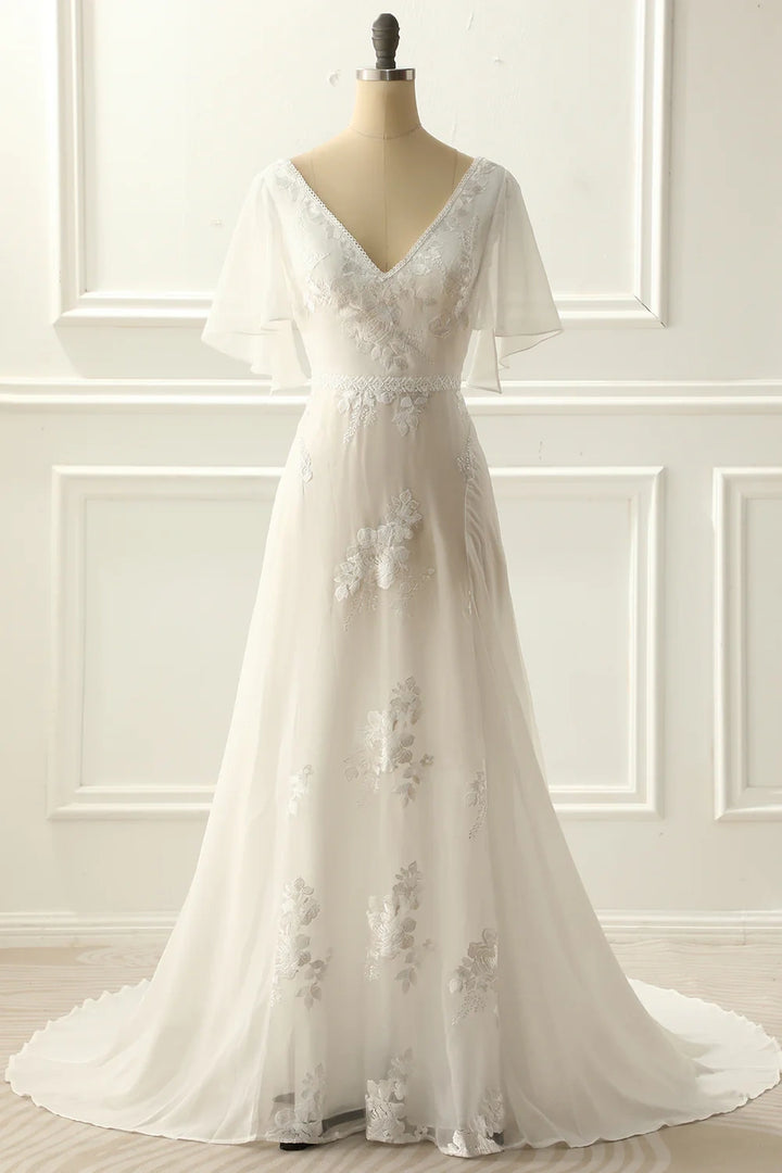 V-Neck Short Sleeveless A-Line Appliques Wedding Dress