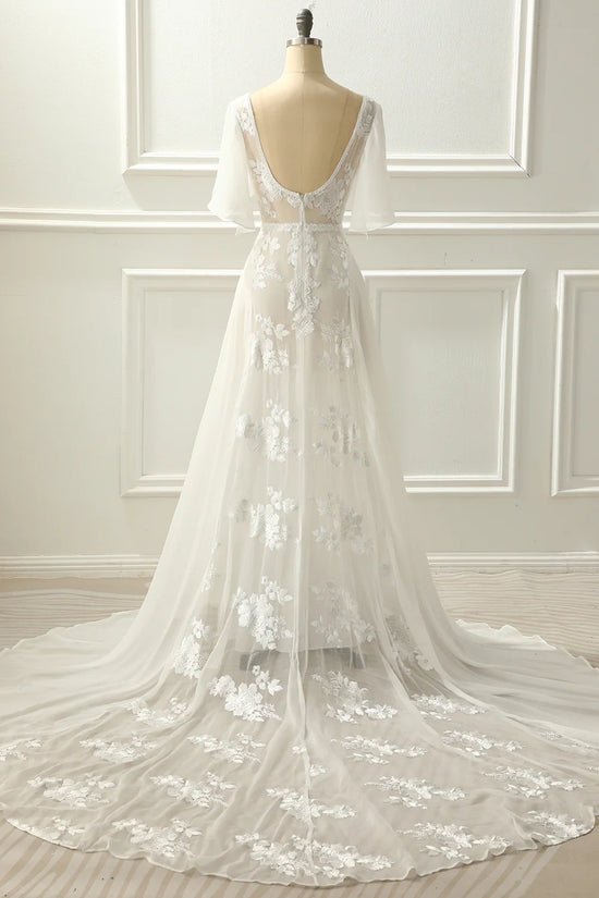 V-Neck Short Sleeveless A-Line Appliques Wedding Dress