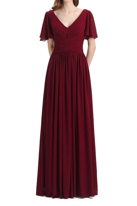 V-Neck Short Sleeves Empire A-Line Bridesmaid Dress