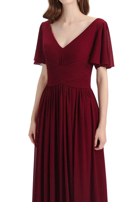 V-Neck Short Sleeves Empire A-Line Bridesmaid Dress