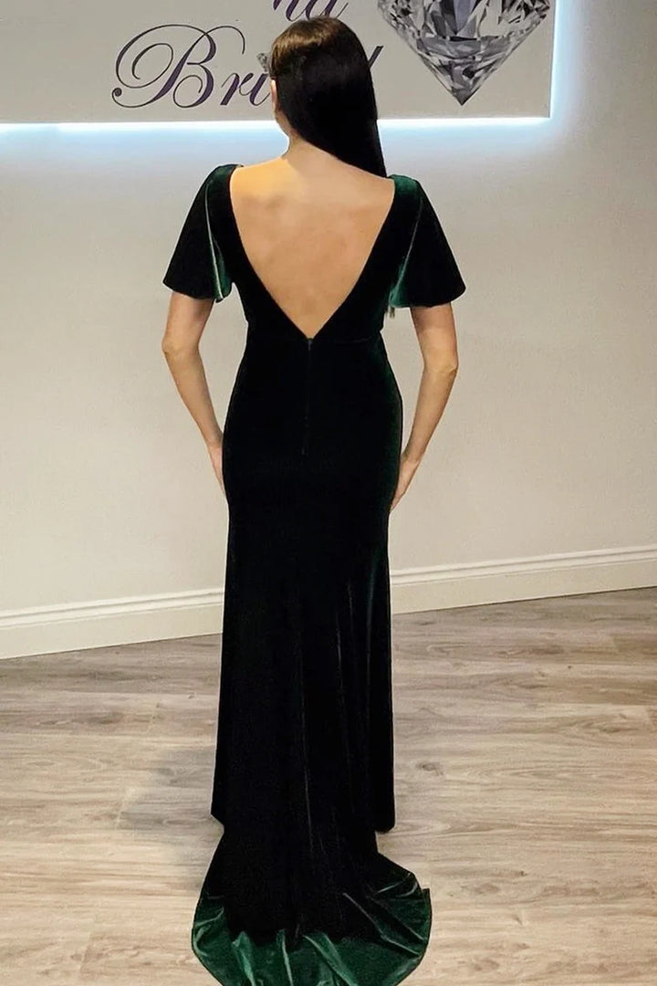 V-Neck Short Sleeves Open Back Velvet Bridesmaid Dress