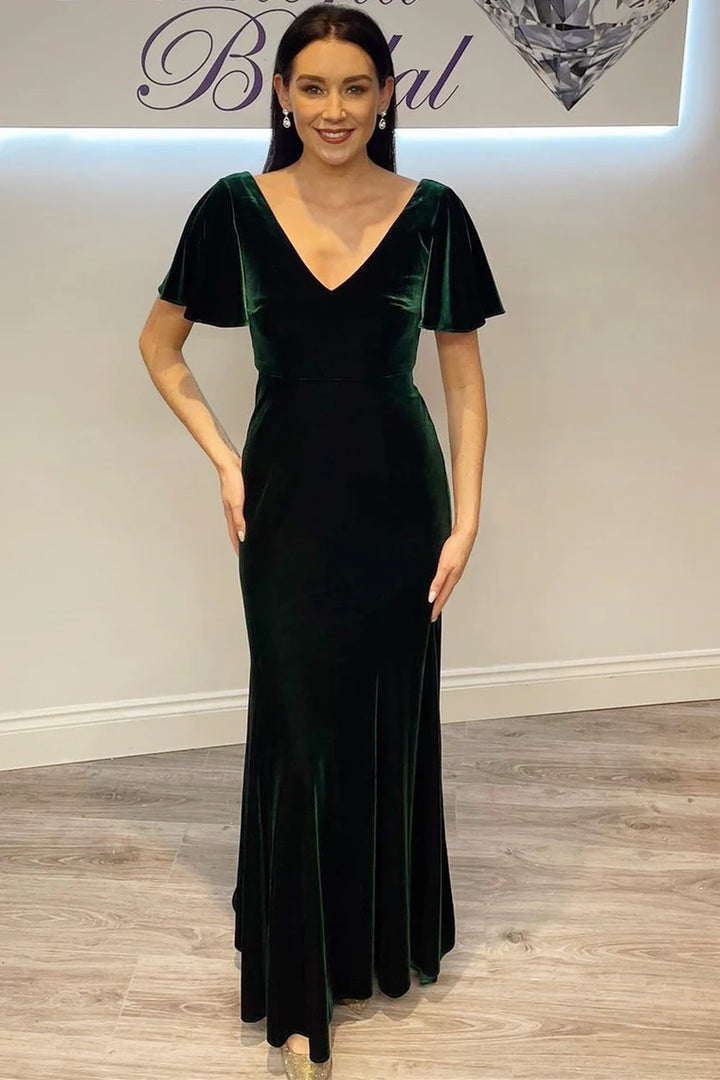 short sleeve velvet bridesmaid dresses A-Line V-Neck Short Sleeves Velvet Bridesmaid Dresses, Slate_Blue