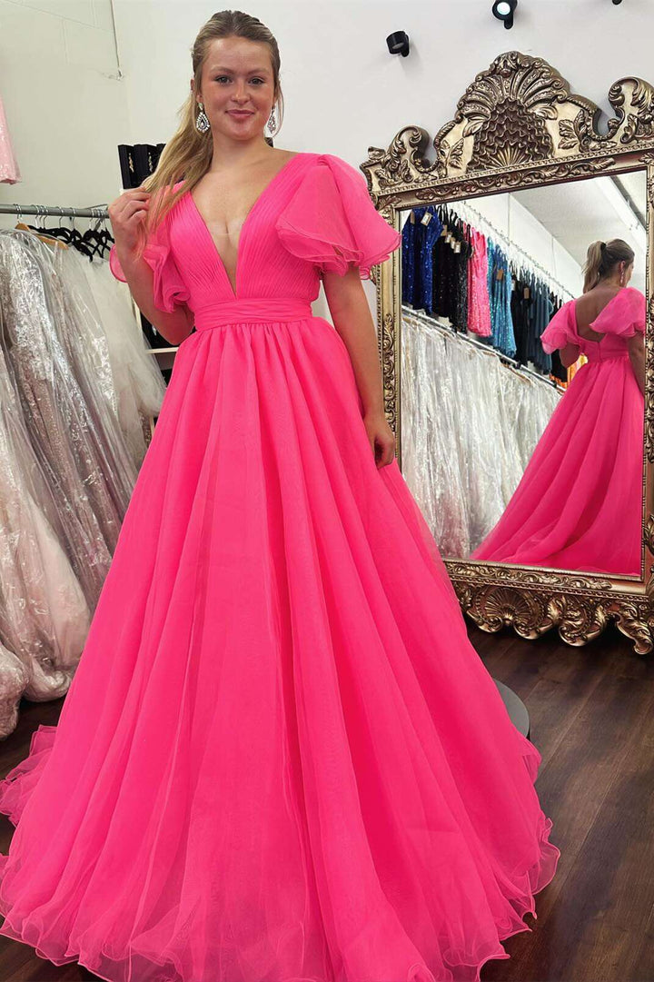 V-Neck Short Sleeves Tulle A-Line Party Prom Dress
