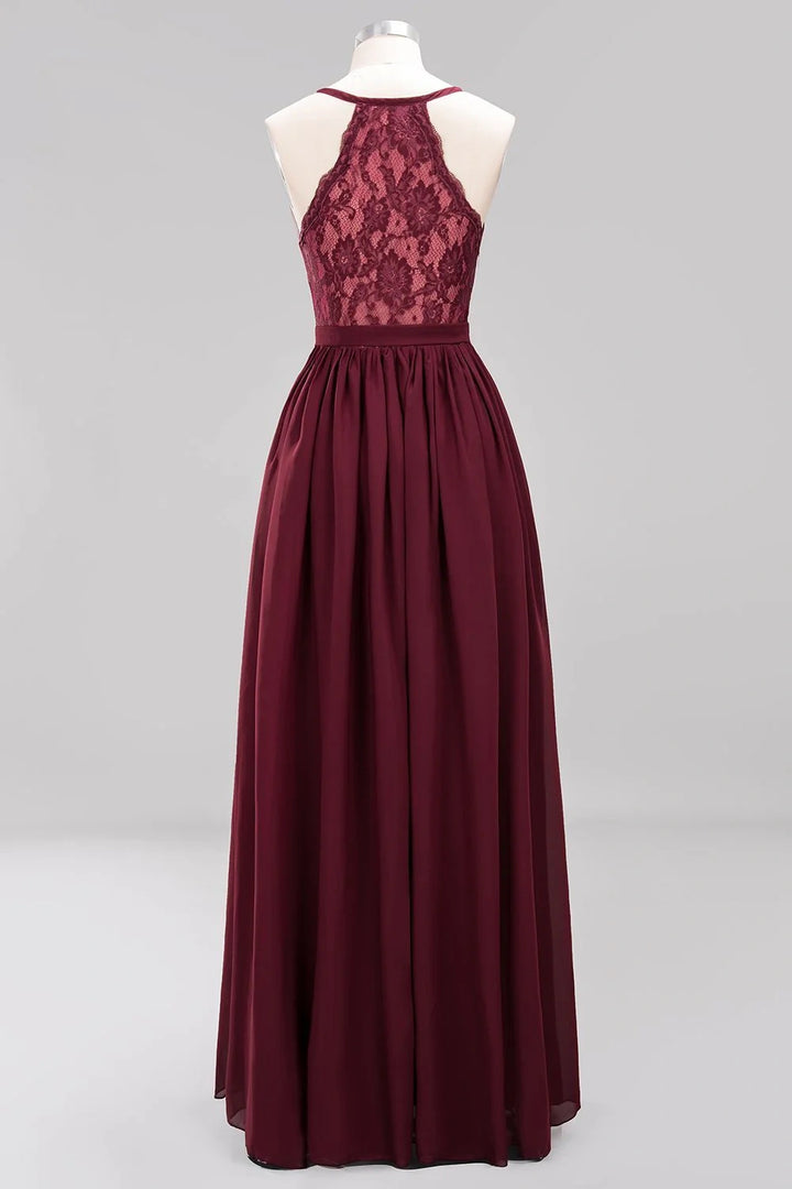 V-Neck A-Line Burgundy Bridesmaid Dress With Lace And Chiffon