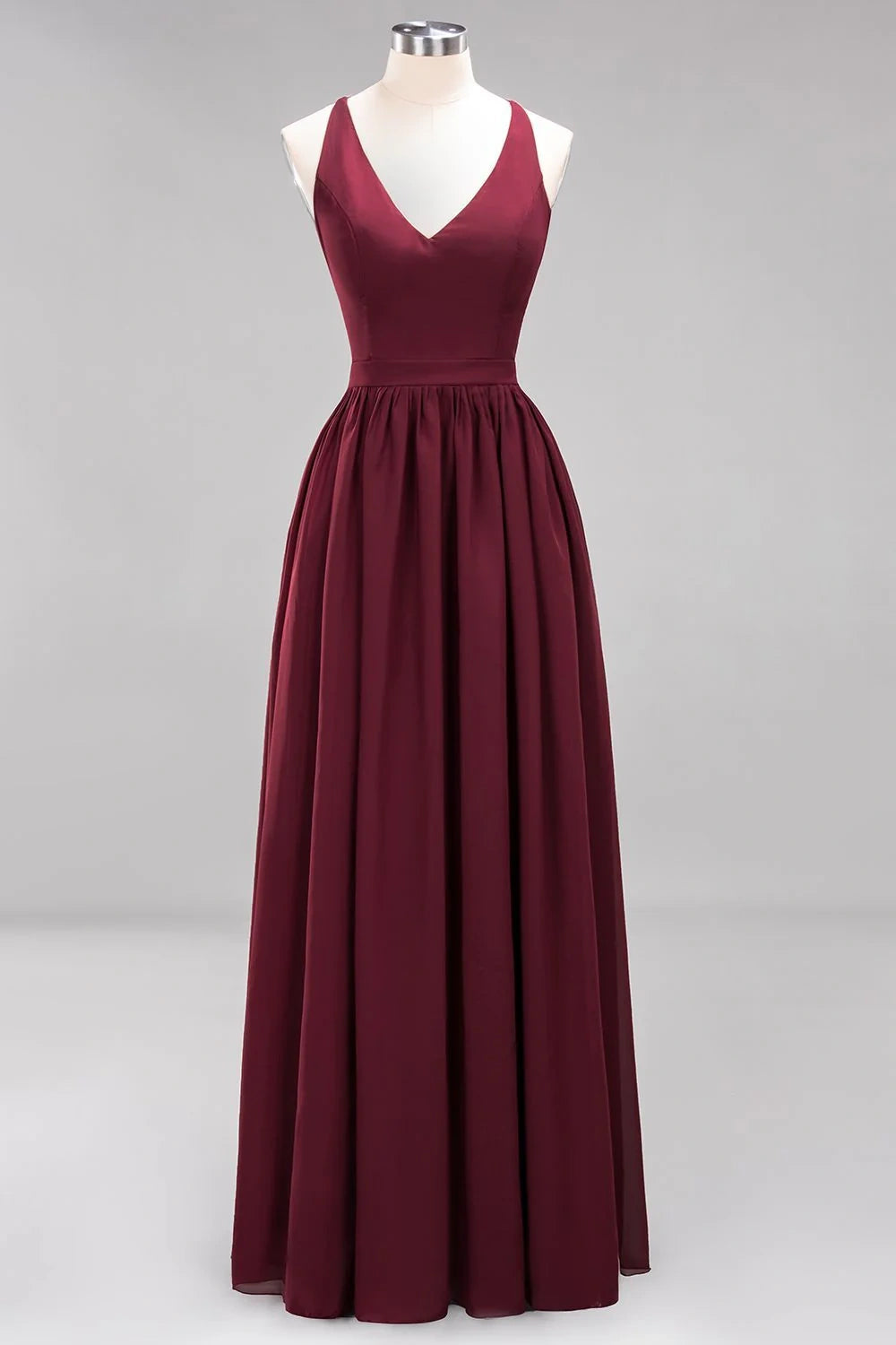 V-Neck A-Line Burgundy Bridesmaid Dress With Lace And Chiffon