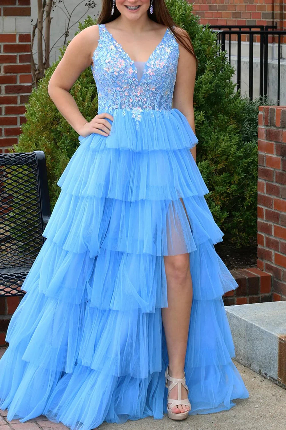 V-Neck Sleeveless A-Line Tiered Prom Dress With Slit