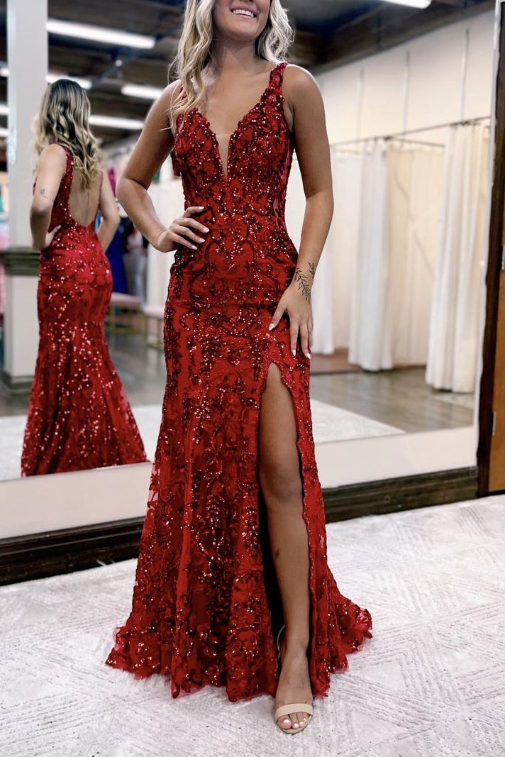 V-Neck Sleeveless Appliques With Side Slit Open Back Prom Dress