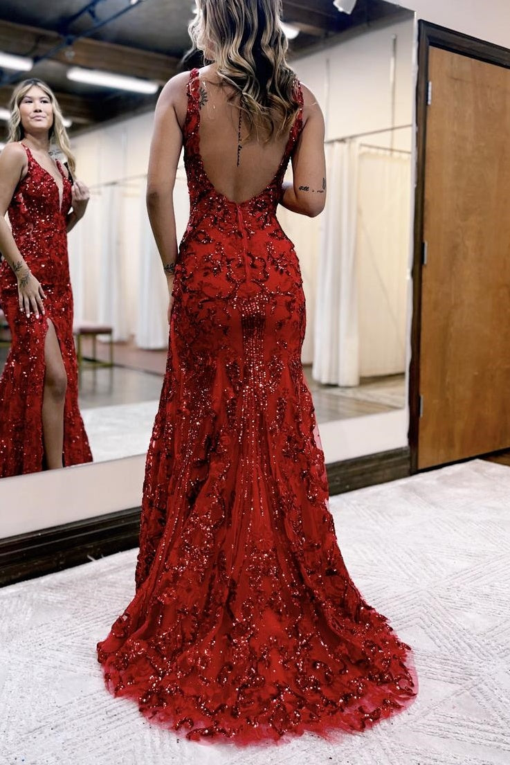 V-Neck Sleeveless Appliques With Side Slit Open Back Prom Dress