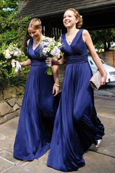 Satin A-Line V-Neck Sleeveless Empire Long Bridesmaid Dress