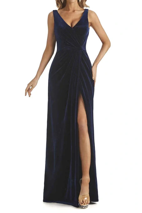 V-Neck Sleeveless Empire Ruched Velvet Bridesmaid Dress