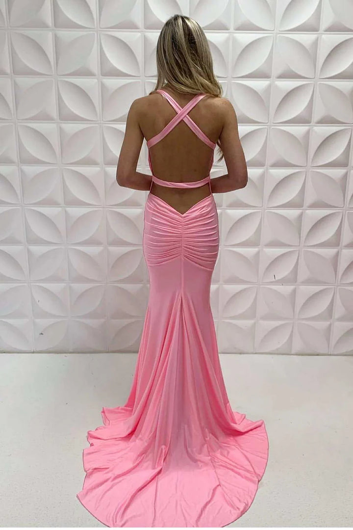 Casual V-Neck Sleeveless Empire Trumpet Satin Prom Dress