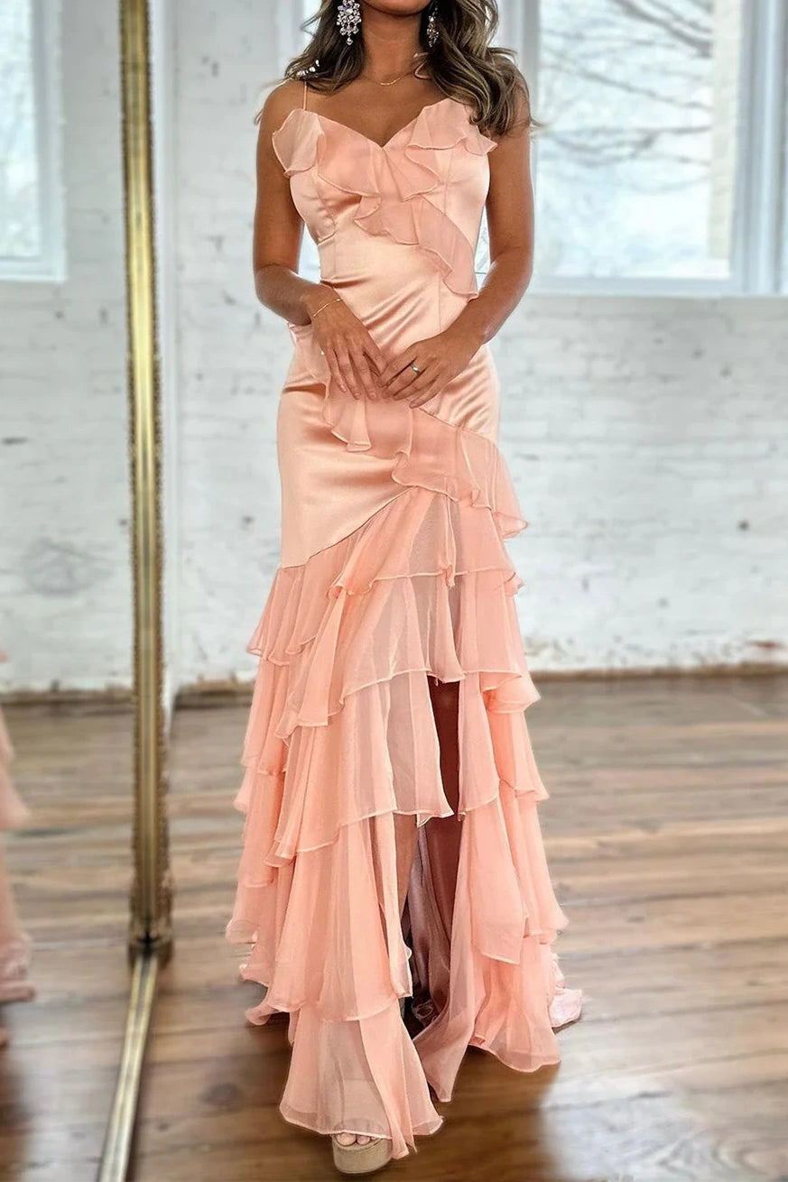 V-Neck Sleeveless Mermaid Tiered Prom Dress With Slit