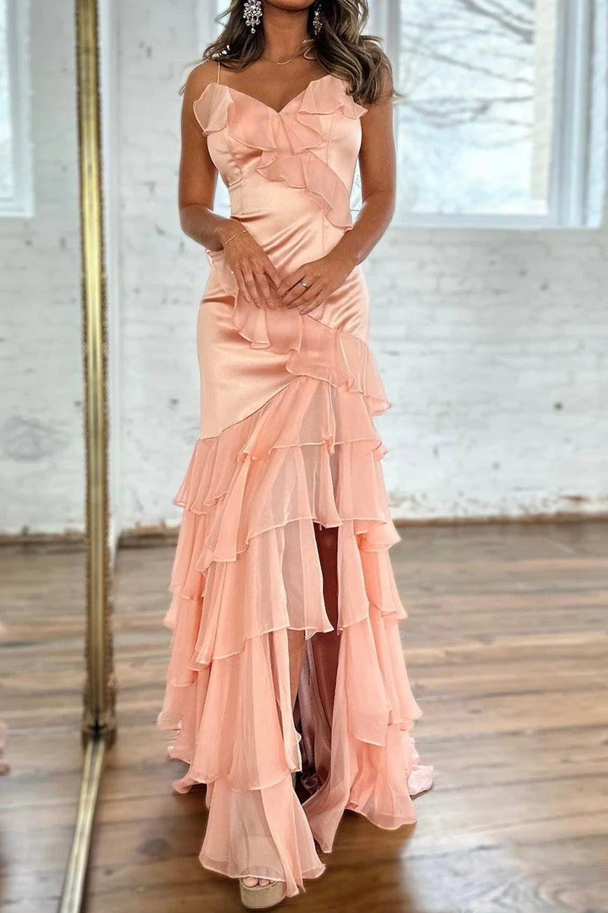 V-Neck Sleeveless Mermaid Tiered Prom Dress With Slit