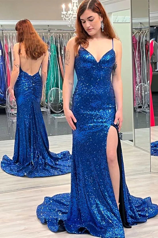 V-Neck Sleeveless Open Back Trumpet With Side Slit Prom Dress