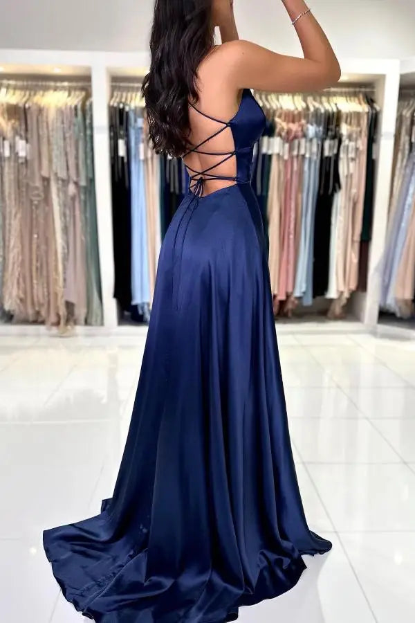 V-Neck Sleeveless Satin A-Line Lace Up Party  Prom Dress With Slit