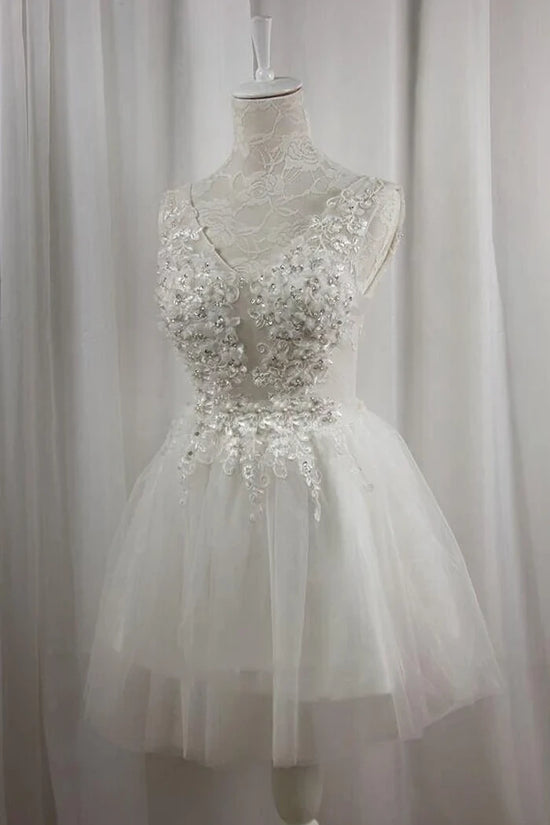 V-Neck Sleeveless A-Line Lace Up Two Tone Short Wedding Dress 