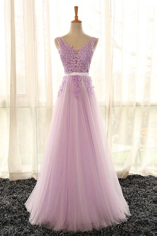 V-Neck Sleeveless Tulle A-Line Lace Appliques Bridesmaid Dress