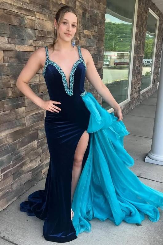 V-Neck Sleeveless Velvet Beaded Prom Dress With Chiffon Train