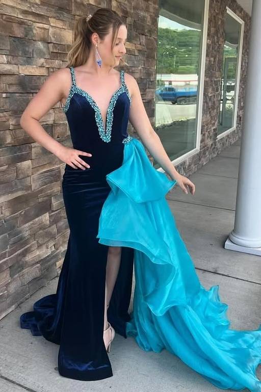 V-Neck Sleeveless Velvet Beaded Prom Dress With Chiffon Train