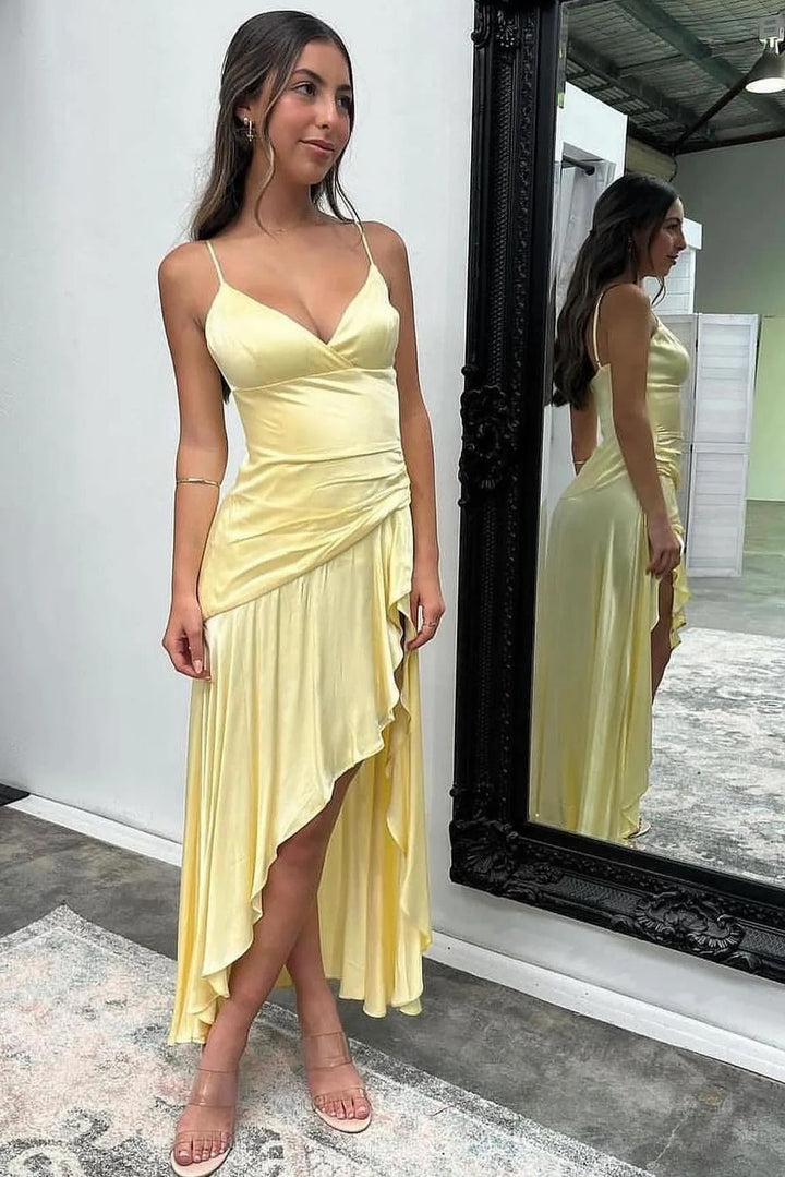 V-Neck Spagheti Straps Empire With Slit Bridesmaid Dress