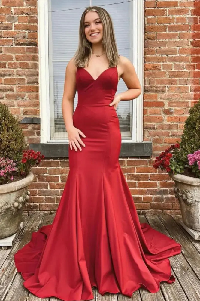 V-Neck Spaghetti Steraps Open Back Mermaid Party Prom Dress