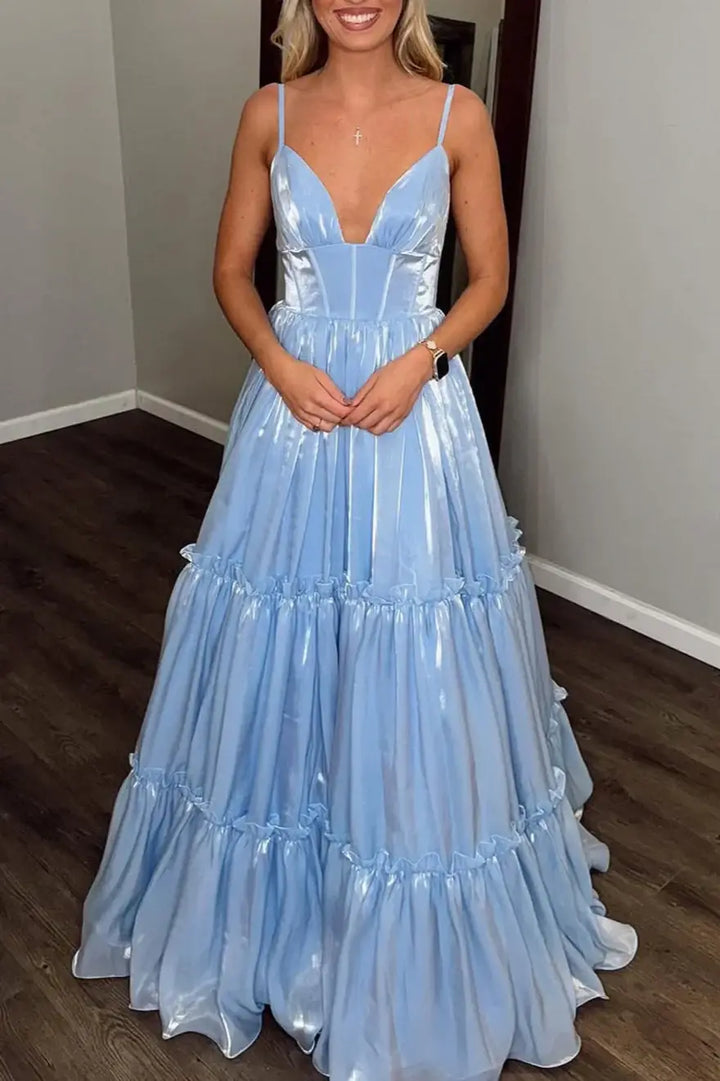 V-Neck Spaghetti Straps A-Line Prom Evening Dress