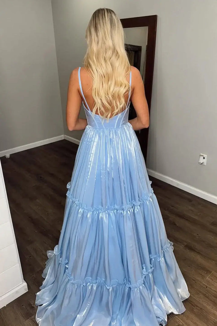V-Neck Spaghetti Straps A-Line Prom Evening Dress